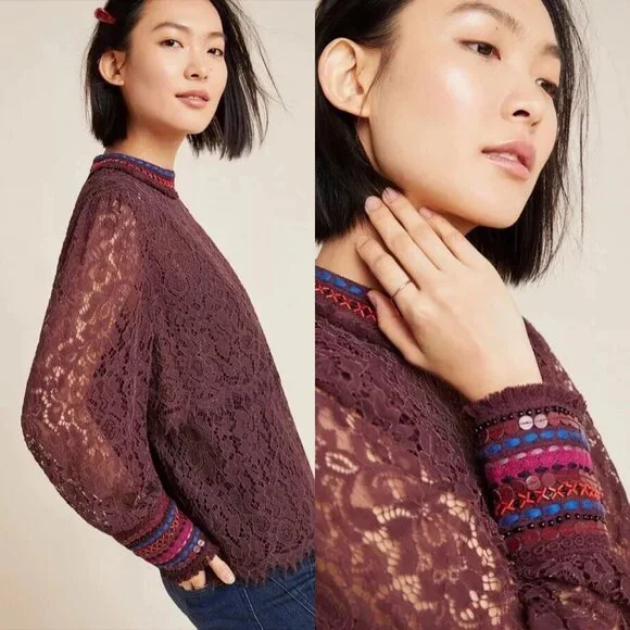 Anthropologie Bl^nk London Wine Lace Savannah Long Sleeve Top Medium - Picture 2 of 13
